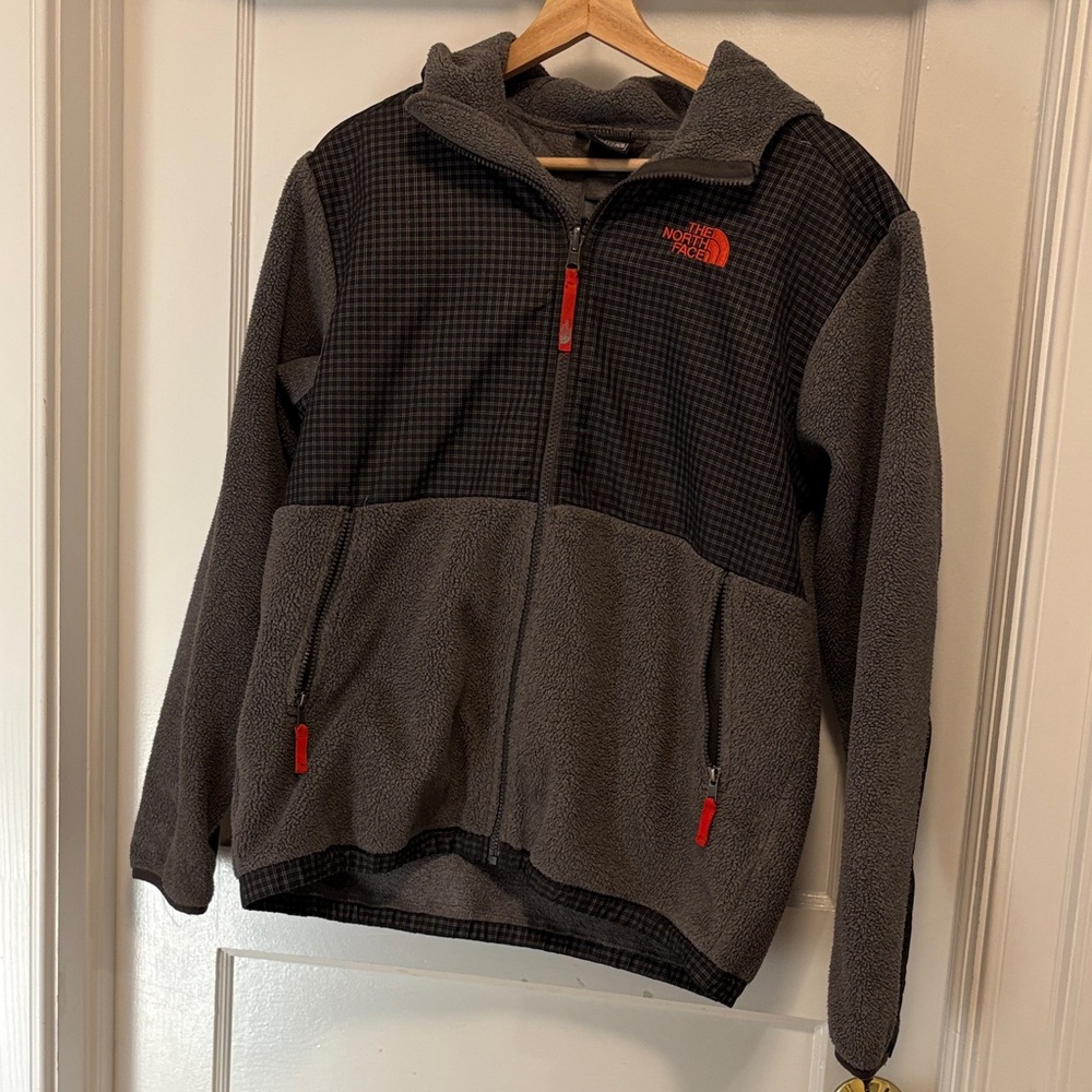 The North Face Black and Gray Fleece Jacket with Red Accents